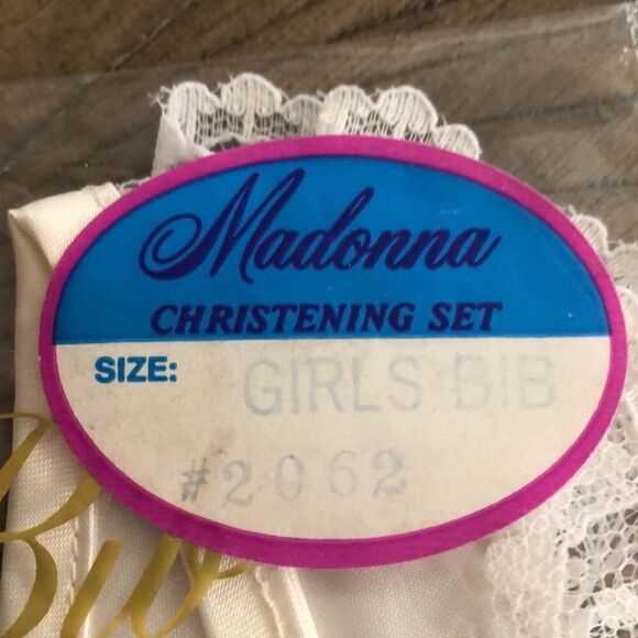 Madonna Christening Bib Lace and Satin w/Snap Keepsake Bib Holder Made in USA - Picture 9 of 17